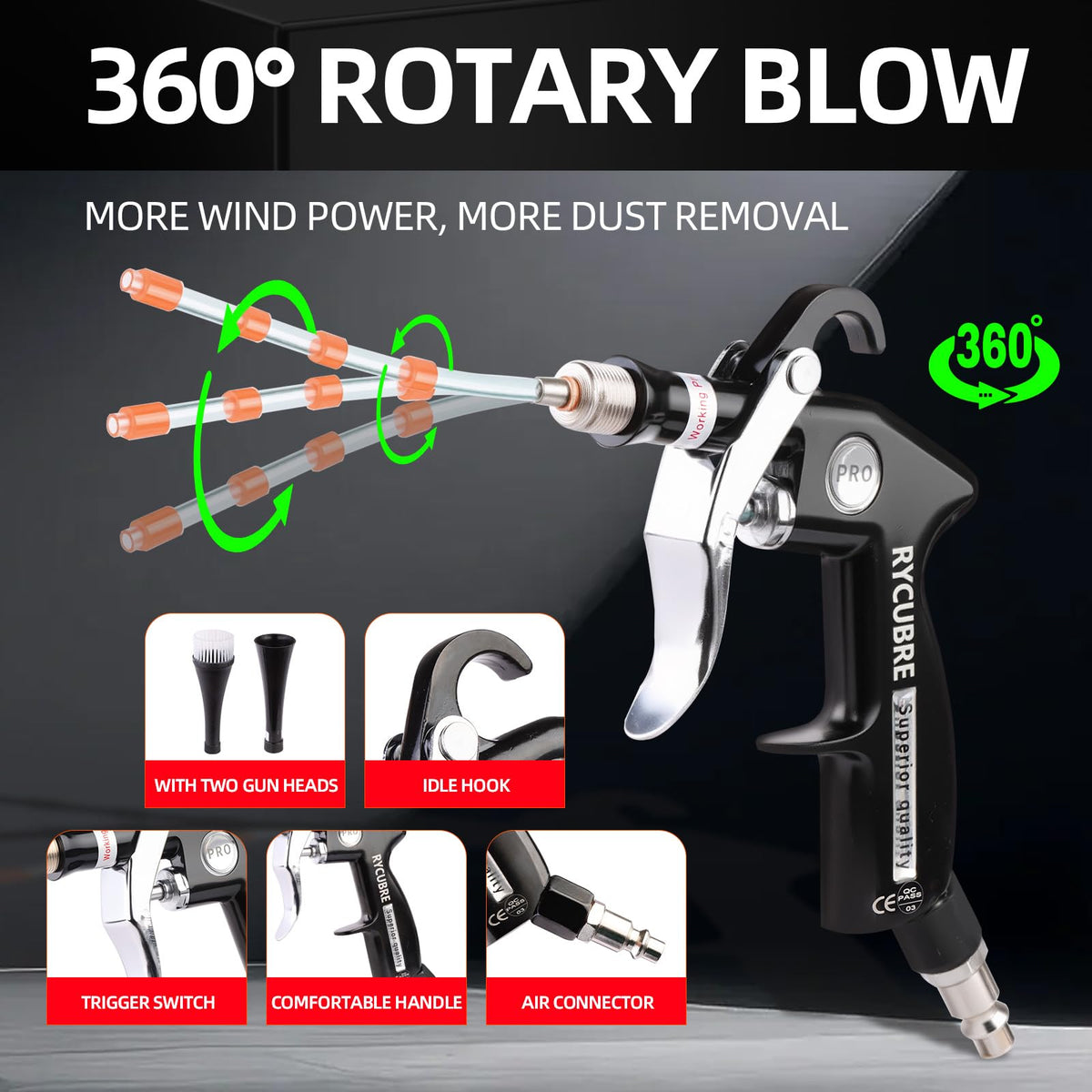 Tornado Dry Cleaning Gun Car Cleaning Air Blow Gun High Pressure Blower Gun with 2 Nozzles + 2 American Connectors + 2 Microfiber Towels, Durable Metal Body, Anti-Drop, for Car Interior Cleaning