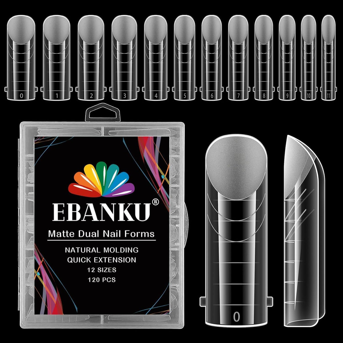 EBANKU 120Pcs Matte Dual Nail Forms, Clear Poly Gel Nail Molds Square Full Cover Coffin Nail Tips Extension Forms 12 Sizes for Gel Manicure Nail Art Design Salon&DIY