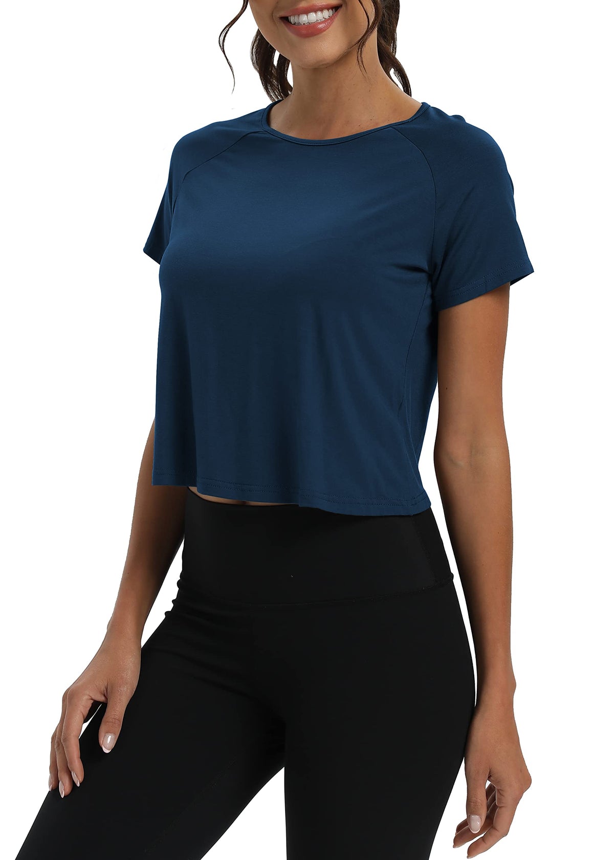 Mippo Short Sleeve Athletic Tops Workout Shirts Exercise Clothes Gym Crop Top Tshirts for Women Loose Fit Navy Blue M