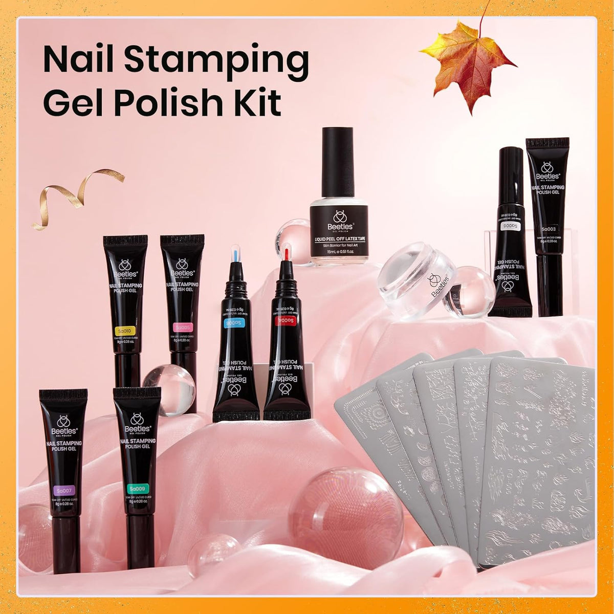 Beetles Nail Stamp Gel 16Pcs French Tip Nail Stamp Kit with 8 Colors Stamper Gel Polish, 5 Nail Stamping Templates, Scrapers, Liquid Latex & Short Silicone Stamper Gift for Women