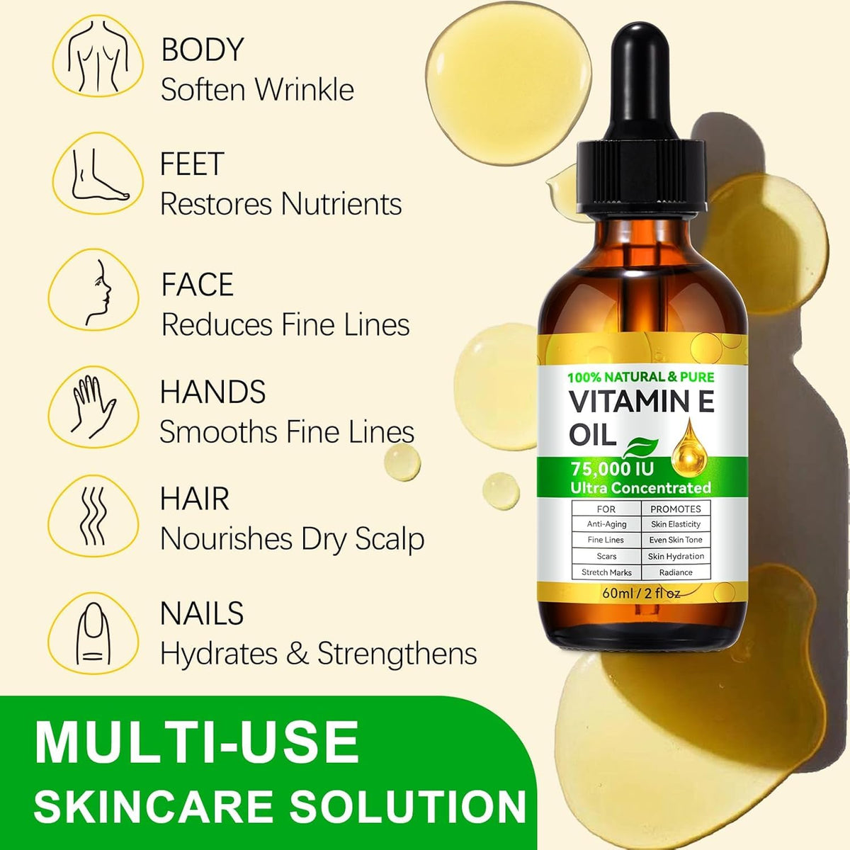 Vitamin E Oil Blend 75,000 IU, Vitamin E Oil for Skin, Face and Scars, Body Bath Oils Moisturizing Dry Skin, Easy to Absorb, 2Fl Oz (Pack of 2)