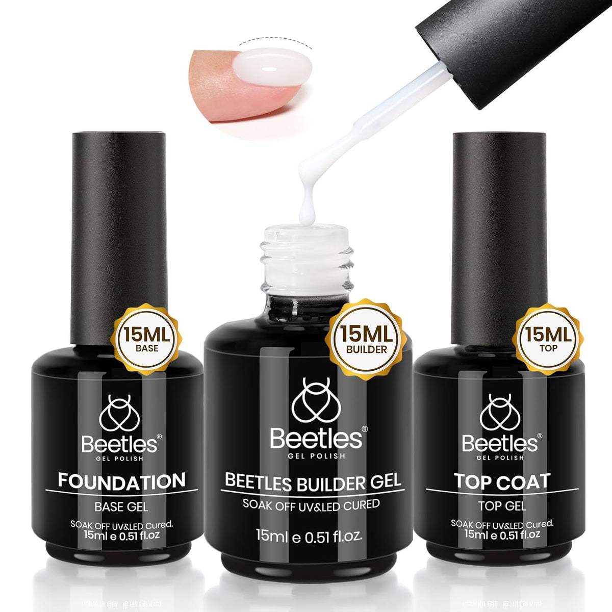 Beetles Builder Nail Gel & Top Coat and Base Coat Set-3Pcs 15ml White Gel Nail Polish Strengthener Gel Polish Soak Off UV LED for Nail Extension, Nail Repair, Shine Effect Long Lasting