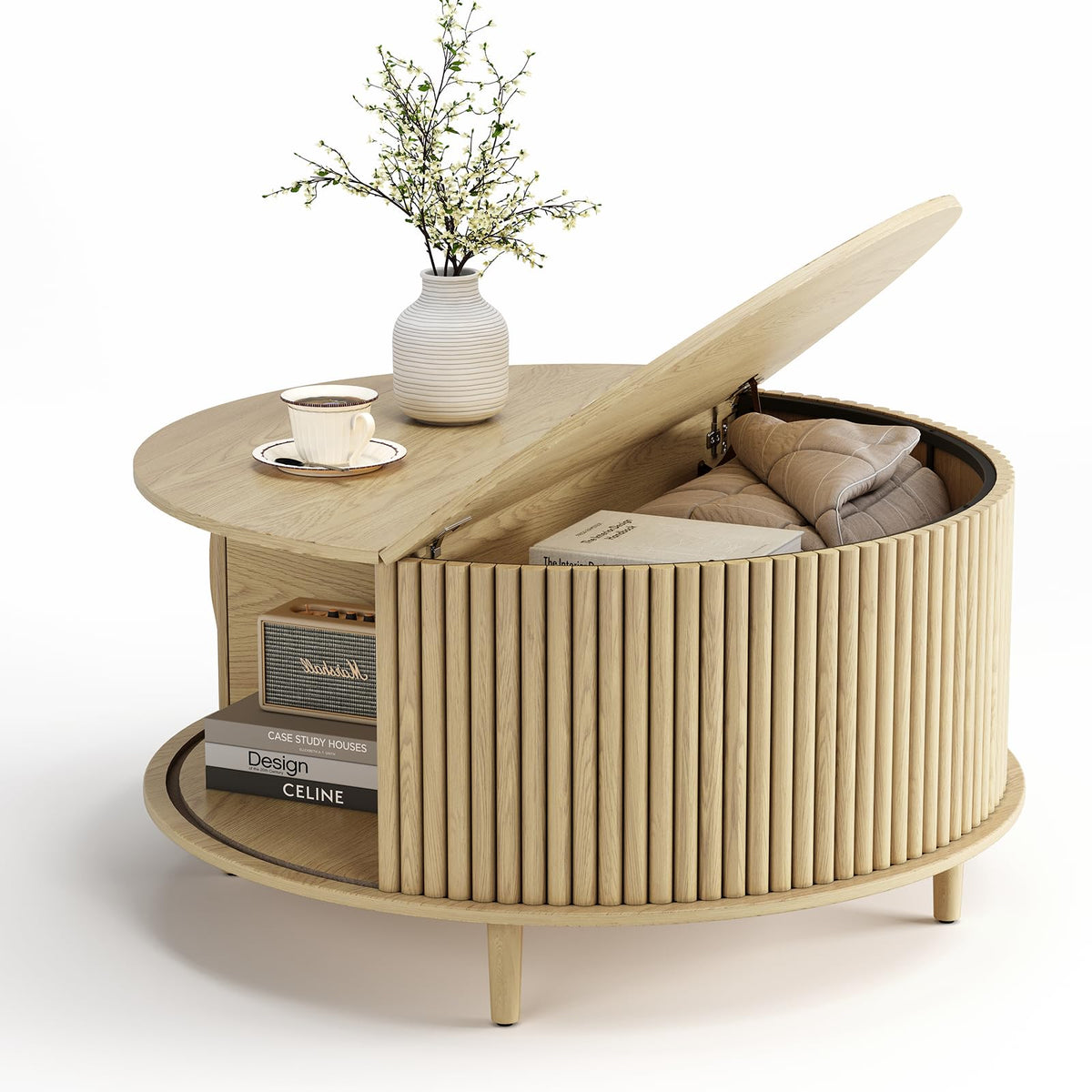 JOINICE,Round Coffee Table with Storage,Fluted Lift Up Coffee Table with Sliding Cabinet Door for Living Room,Home Small Space,31.5" Drum Center Table,Oak