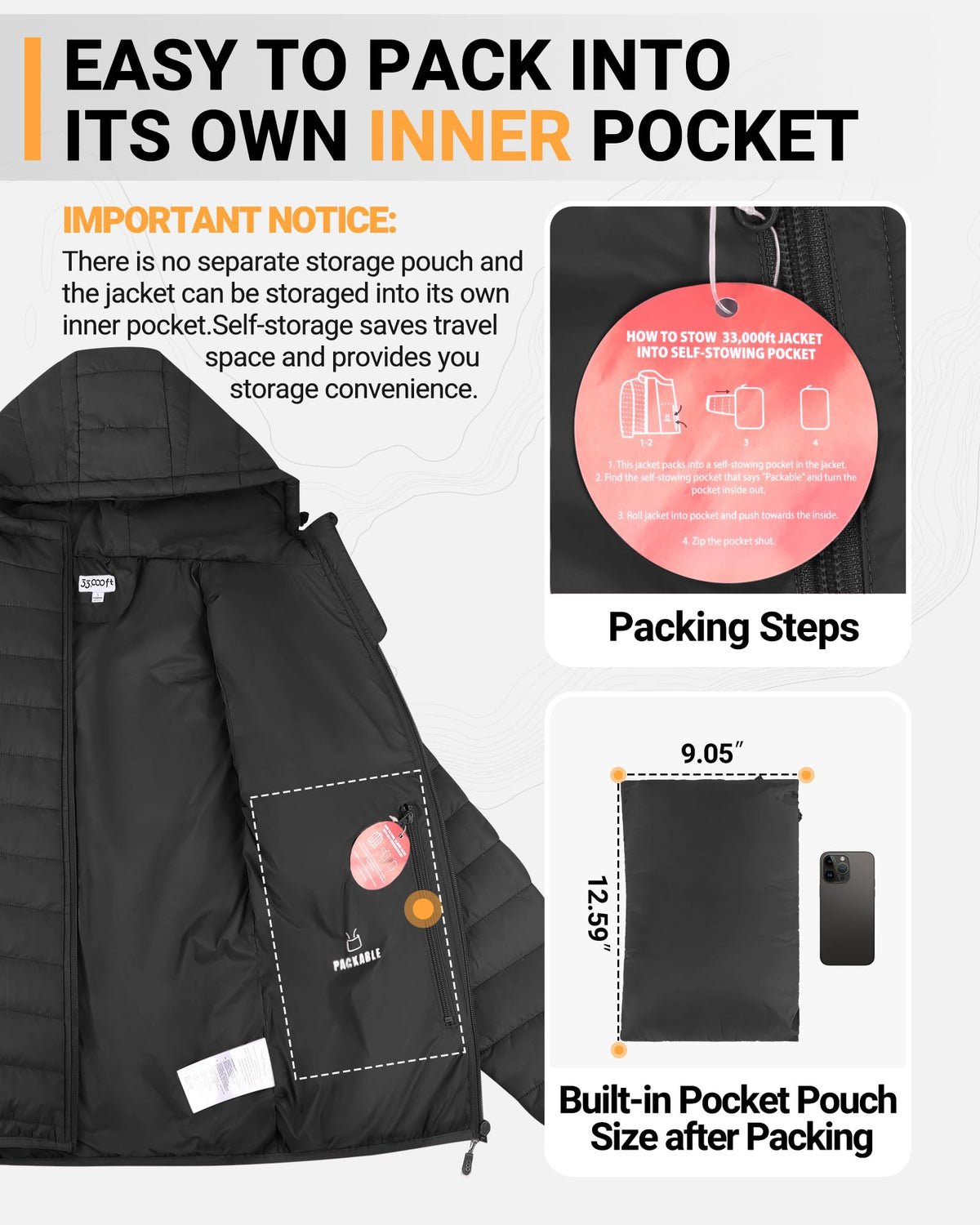 33,000ft Women's Hooded Packable Puffer Jacket Lightweight Warm Puffy Quilted Winter Coat