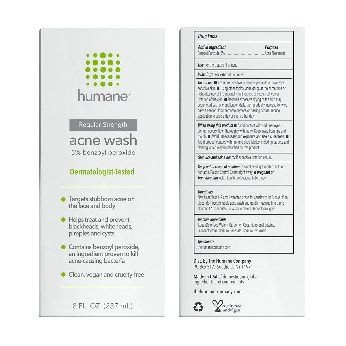 humane Benzoyl Peroxide Acne Face Wash - 5% Regular-Strength Acne Treatment for Face, Skin, Back and Body - 8 Fl Oz - Dermatologist-Tested Non-Foaming Cleanser - Vegan, Cruelty-Free