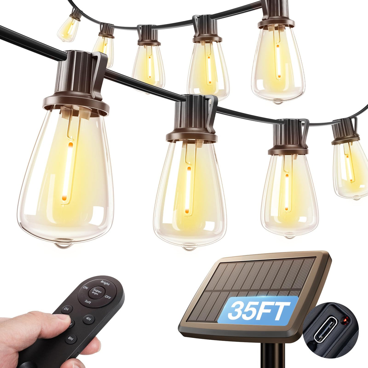 addlon 35FT Solar String Lights Outdoor, Waterproof Solar Powered with Remote & USB Port, 10+1 LED Shatterproof Bulbs, Dimmable Solar Light Outdoor for Camping Backyard Bistro Porch