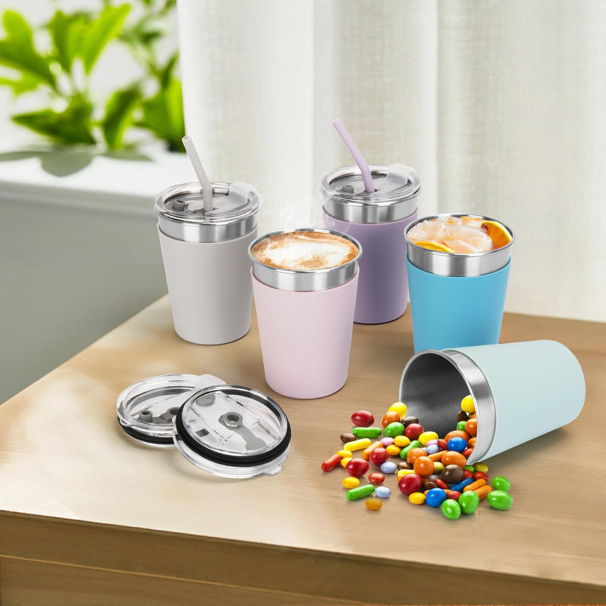 Rommeka Stainless Steel Sippy Cup, 5-Pack Kids & Toddler Cups with Silicone Sleeves and Straws, Dishwasher Safe, 12 Oz Kids Tumblers For Travel or At Home