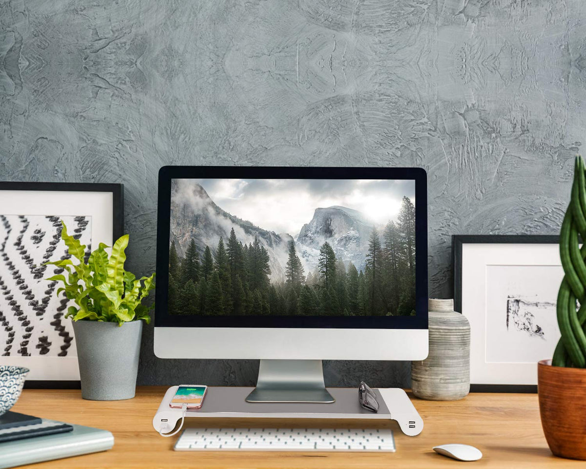 PG Desktop monitor stand with 4 USB charging ports - Convenient keyboard organiser and monitor raising stand for laptops, TVs, printers, fax machines and computers - Convenient desktop organiser