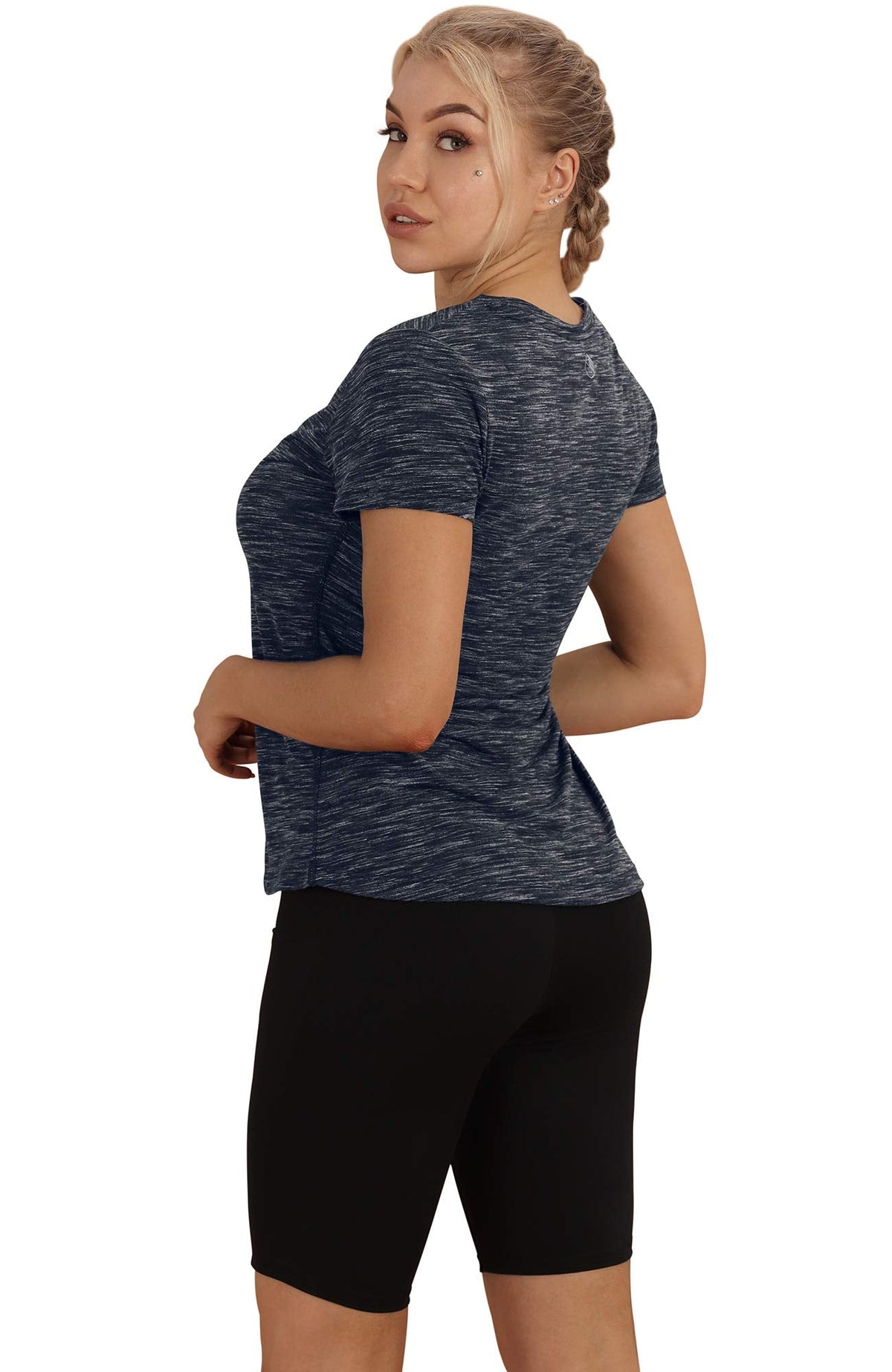 icyzone Workout Shirts for Women - Yoga Tops Gym Clothes Running Exercise Athletic T-Shirts for Women (Black/Navy, S)
