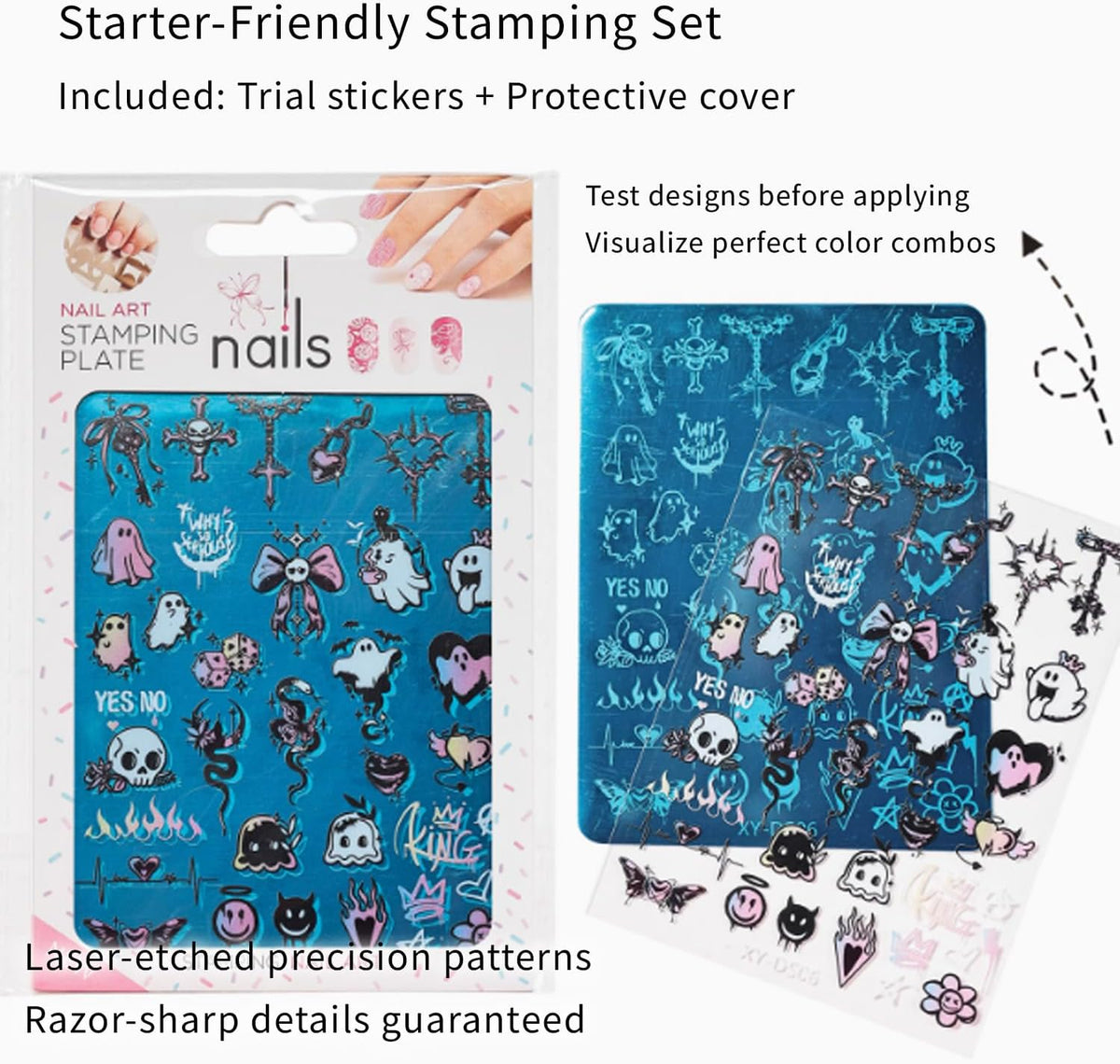 4Pcs Gothic Cute Nail Stamping Plate Set - Dark Kawaii Nail Art Templates, Stainless Steel Spooky Sweet Nail Stamp Plates with Skull & Lace Patterns for Halloween DIY Manicure Printing Tools