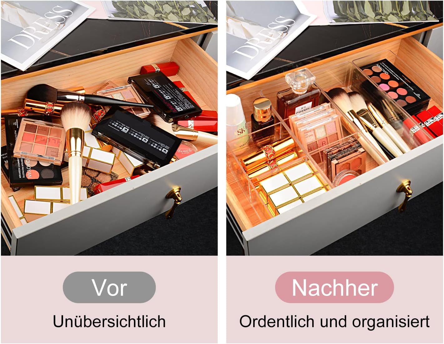 JessLab Acrylic Organizers, Bathroom Organizer for Drawer, 4-Pack Cosmetic Display Cases for Vanity, Countertop, Desk, Kitchen, and Makeup Storage, 2 of 1-Compartment and 2 of 3-Compartment