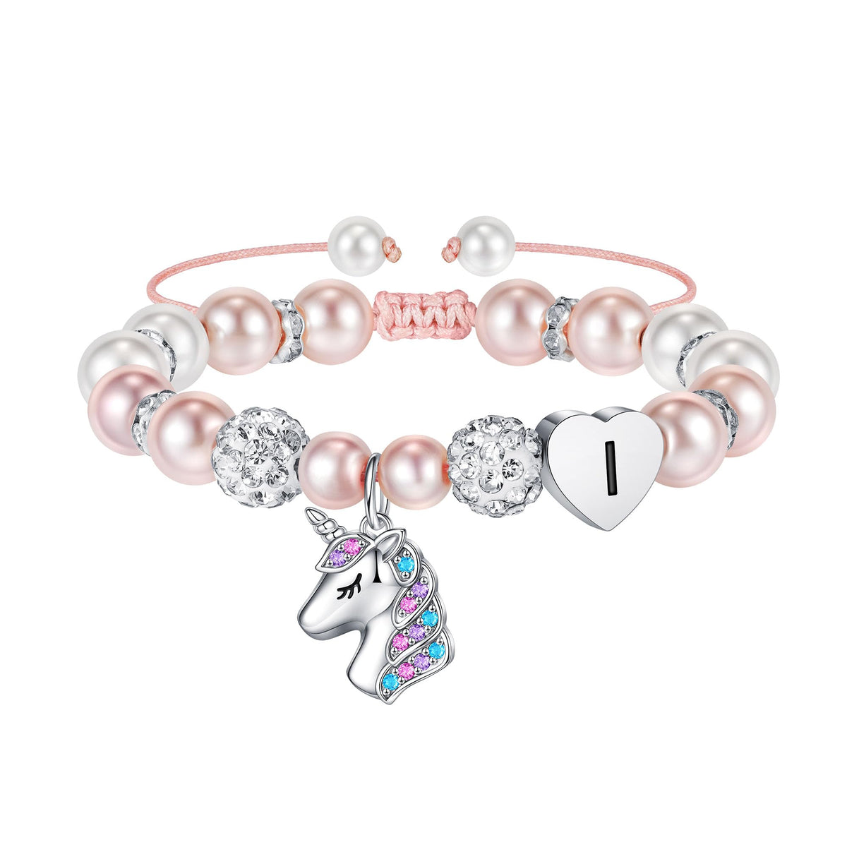 Hidepoo Unicorn Bracelet Gifts - Pink Pearl and Rhinestone Balls Heart Initial I Unicorn Bracelets Rainbow CZ Letter Unicorn Jewelry Birthday Gift
