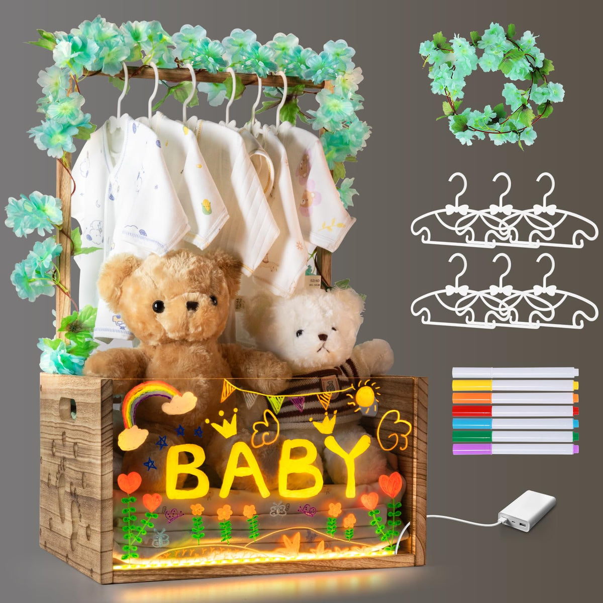 taessv Baby Shower Crate Closet Wooden Baby Shower Basket for Newborn Boys Girls Distinctive Baby Storage Basket with Light Up Welcome Baby Gift for New Parents (Brown)