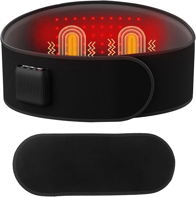 Lower Back Massager Belt with Four Modes Heating & Massage & Red Light, Ergonomic Support Massage Belt with Timer, Portable Cordless Heating Pad for Back Relieve Pain, Battery-Powered