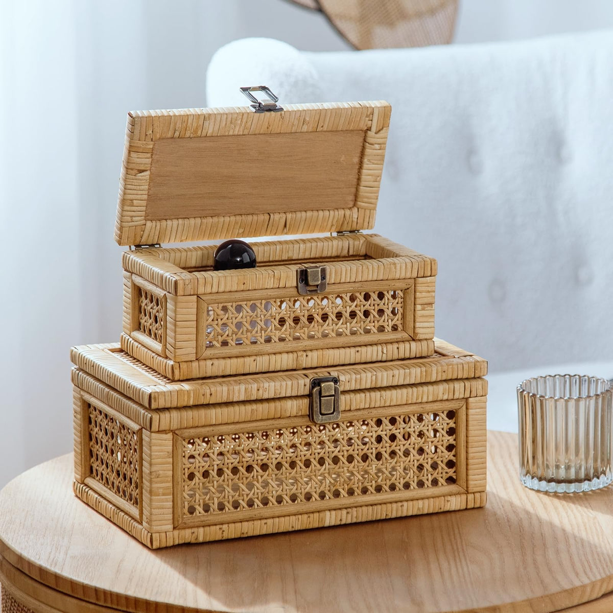 HuiDao Rattan Decorative Box, Boho Display Boxes with Lids, Set of 2 Rectangular Wicker Storage Basket, Natural Woven Cane Bins for Home Decor (Rectangular)