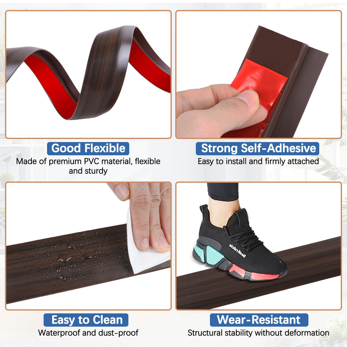 Vinyl Door Threshold Flooring Transition Strip Self Adhesive Carpet Edging Strip for Laminate Doorway Edge Threshold from 1/5" to 2/5" (Brown Wood Grain, 3.3 Ft)