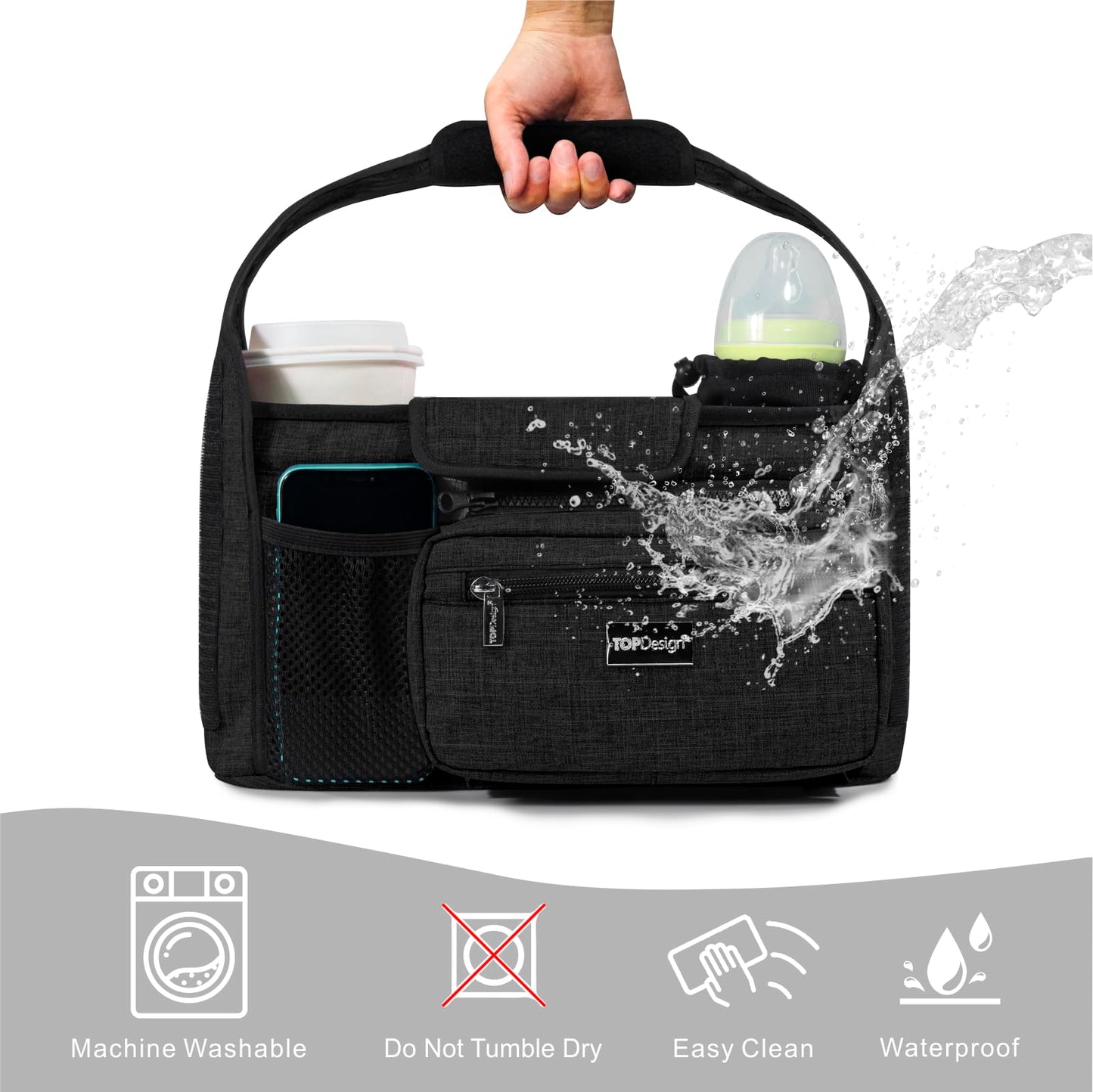 TOPDesign Universal Baby Stroller Organizer, Stroller Caddy with Detachable Mesh Bag & Heightened Insulated Cup Holders & Non-Slip Secure Hooks Accessories, Fits Most Strollers (Black)