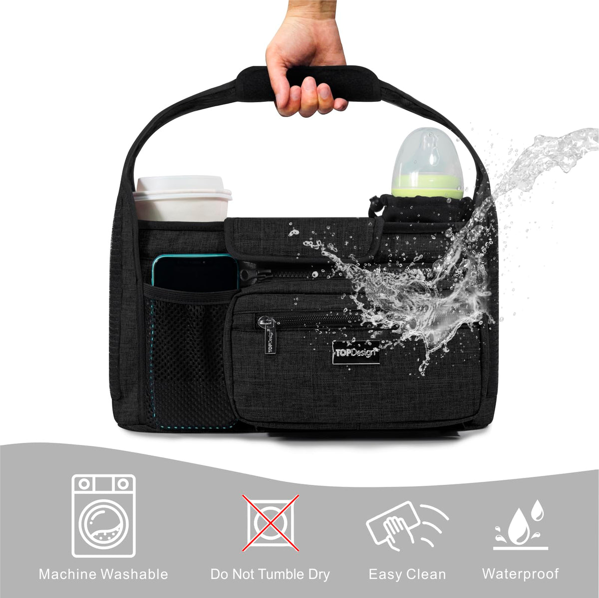 TOPDesign Universal Baby Stroller Organizer, Stroller Caddy with Detachable Mesh Bag & Heightened Insulated Cup Holders & Non-Slip Secure Hooks Accessories, Fits Most Strollers (Checkerboard)