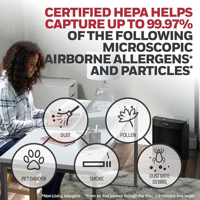 Honeywell InSight HEPA Air Purifier with Air Quality Indicator for Medium-Large Rooms (190 sq ft), Black - Wildfire/Smoke, Pollen, Pet Dander, and Dust Air Purifier