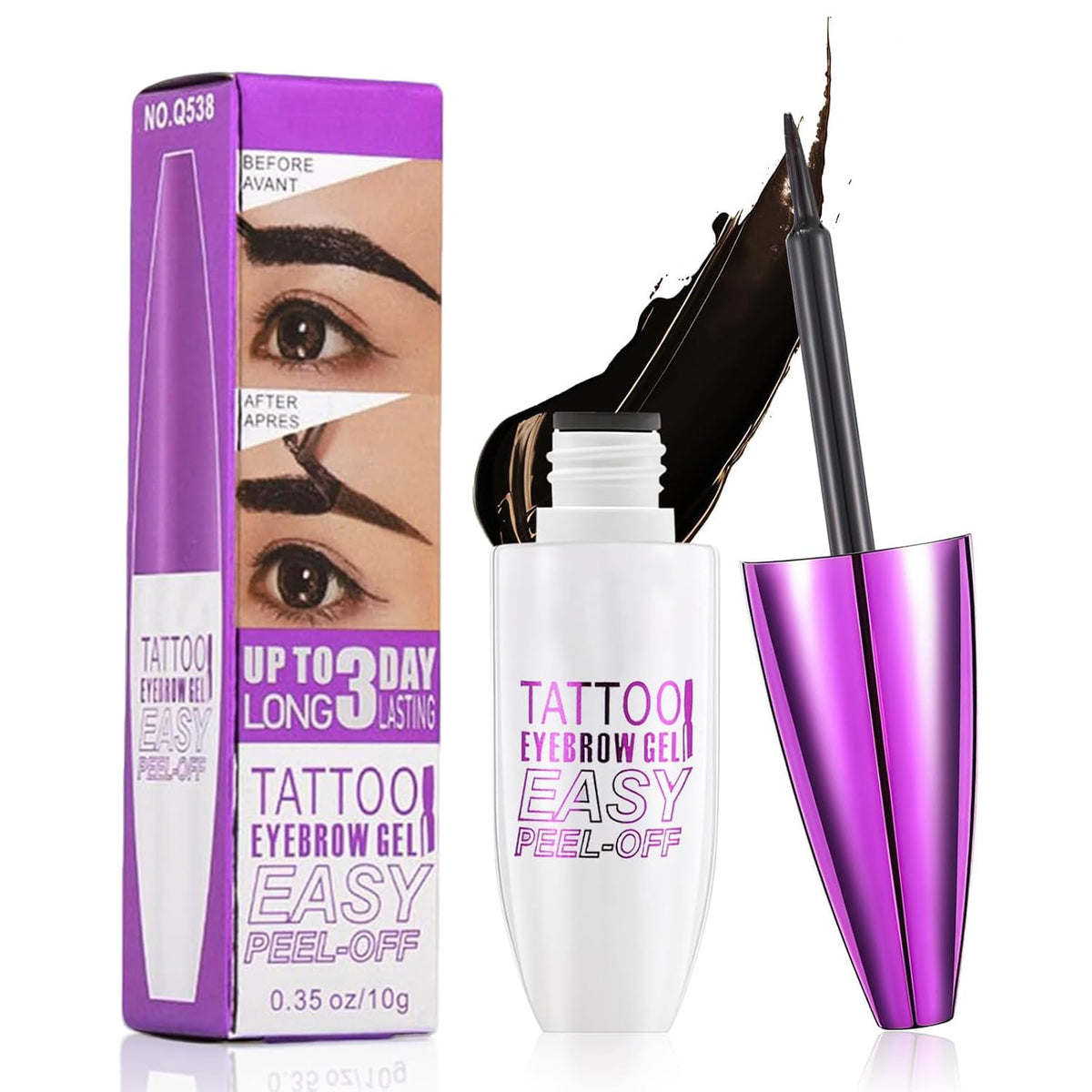 Tattoo Eyebrow Gel Easy Peel Off, Waterproof 3-Day Long-Lasting Brow Stain, Semi-Permanent Peel Off Brow Color Gel for Sparse Brows, Transfer-proof, Natural Color for Fuller Defined Brows (Black)