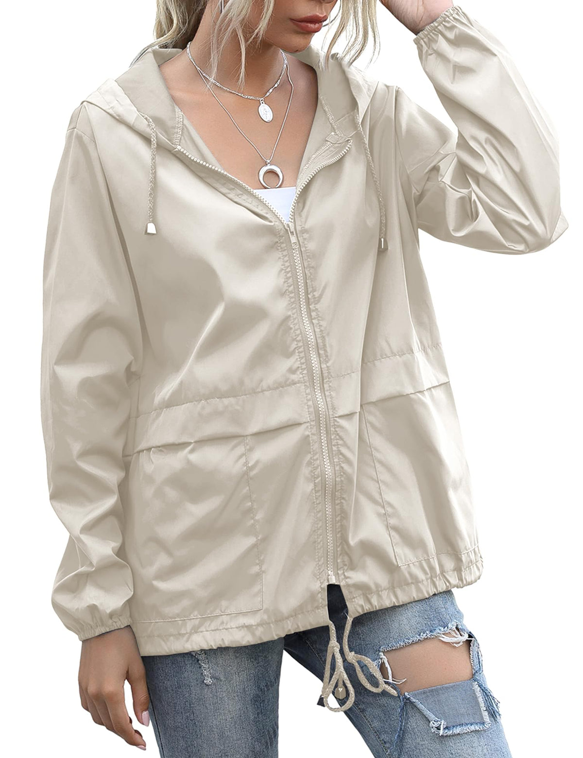 JMinger Packable Rain Jacket Women Lightweight Waterproof Raincoat Packable Hooded Outdoor Windbreaker Beige L