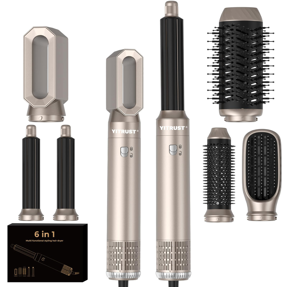 Yitrust 6 in 1 Blow Dryer Brush 60000RPM Hair Dryer Brush Detachable Air Curler Wrap Styler Professional Hot Air Brush Round Brush Blow Dryer Hair Styling Tools (Silver)
