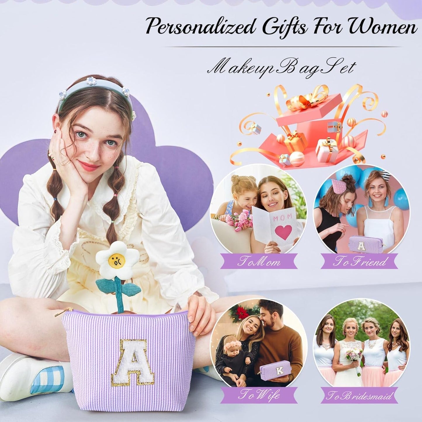 YOOLIFE Purple Makeup Bag for Women - Personalized Initial Cute Makeup Pouch Make Up Case for Girlfriend Bridesmaid Wife | Cosmetic Travel Toiletry Bag for Friend Female | Birthday Gift for Her Mom Z