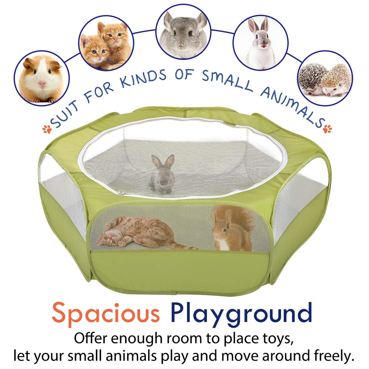Pawaboo Small Animals Playpen, Waterproof Small Pet Cage Tent with Zippered Cover, Portable Outdoor Yard Fence with 3 Metal Rod for Chick/Kitten/Puppy/Guinea Pig/Rabbits/Hamster/Chinchillas,Green