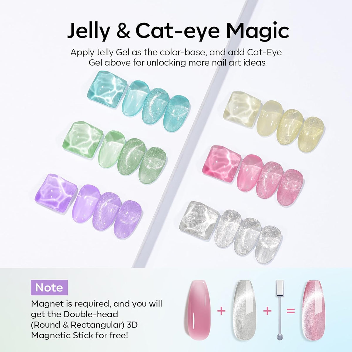 modelones Gel Nail Polish Set, 6 Colors Silver Cat Eye Gel Polish Translucent Pastel Sheer Pink Yellow Lavender Purple Baby Blue Mint Green Jelly Nail Polish with Magnet LED Manicure DIY Gift