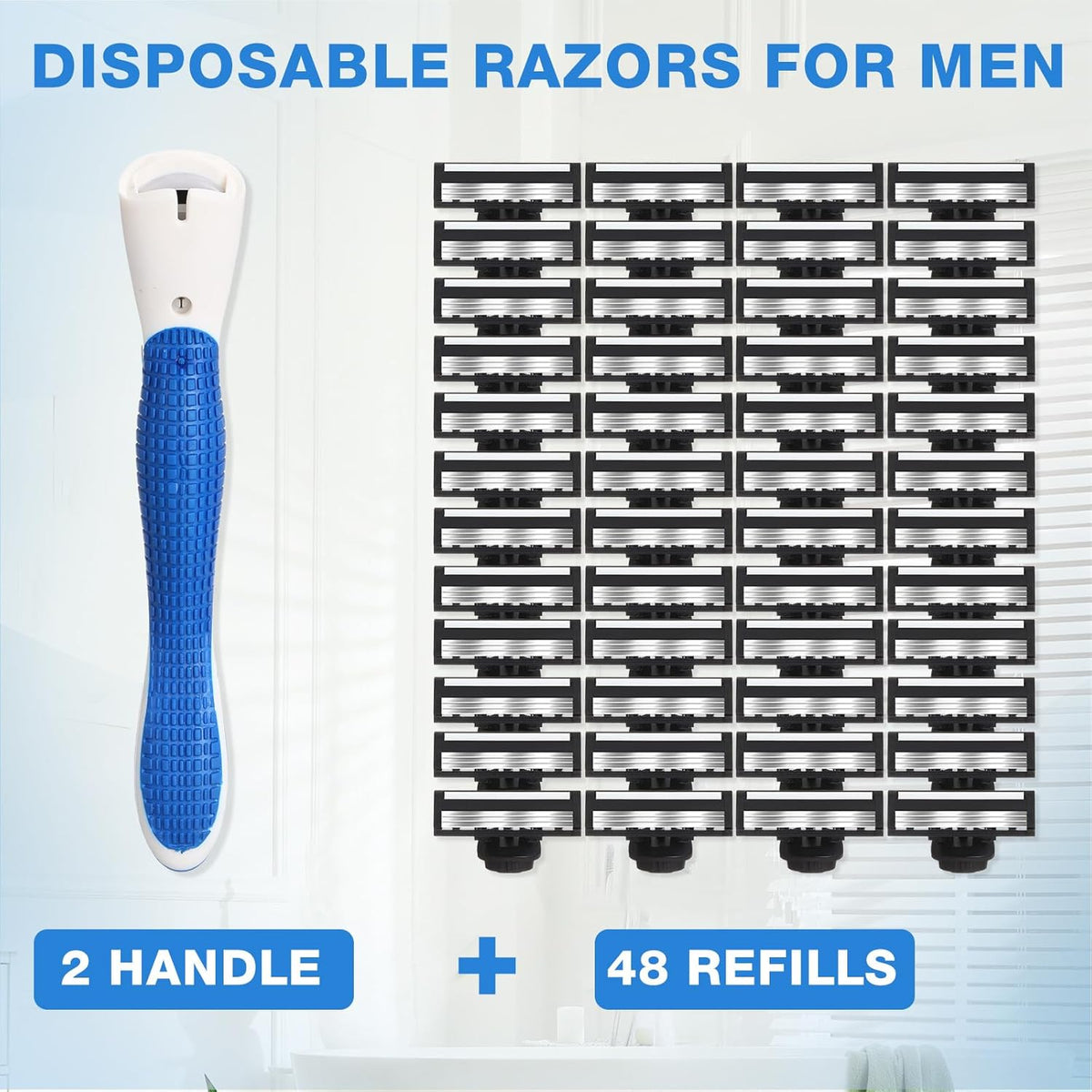 50 Pcs Refillable Three Blade Disposable Razors for Men Set Sensitive Skin Razor Travel Shave Set Shaving Gift Set, 2 Handle & 48 Cartridges
