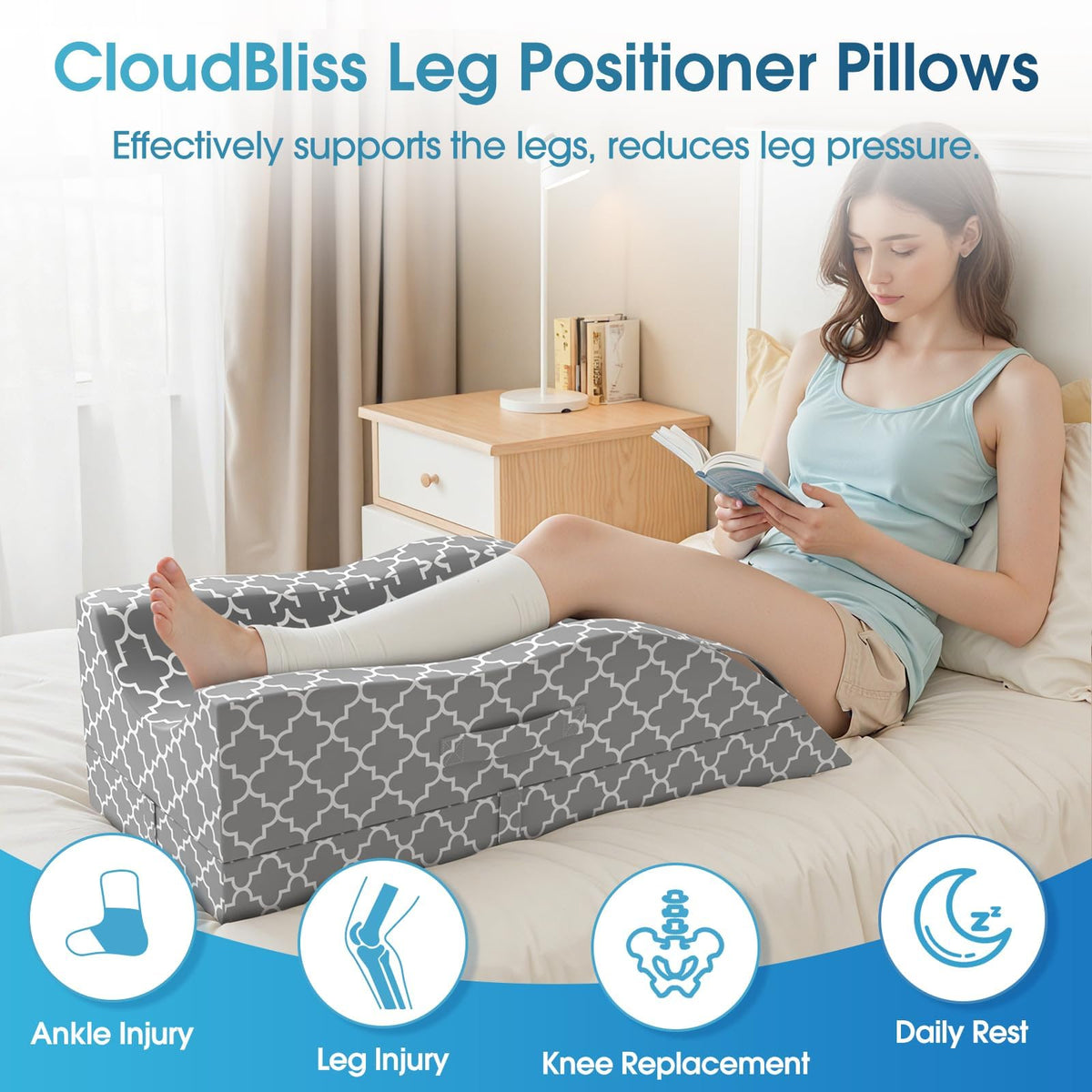 CloudBliss Leg Pillow, Leg Elevation Pillow for After Surgery, Adjustable Cooling Memory Foam with Summer Ice Sick Cover, Wedge Pillow for Blood Circulation, Knee Pillows for Back Knee Grey