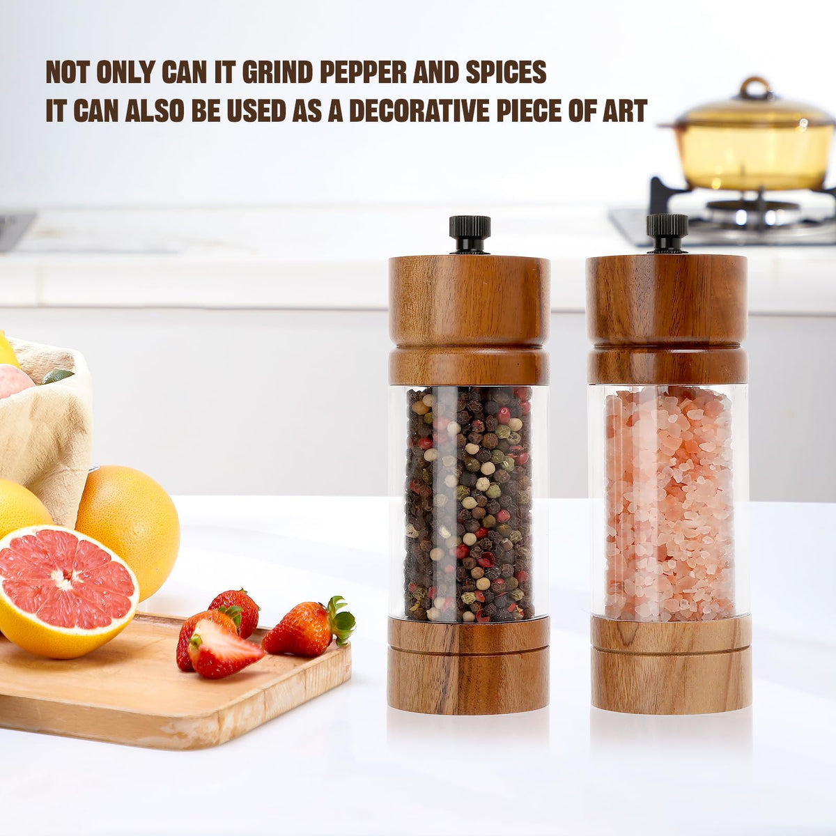 FUSHUI 2 Pack 5.5 Inch Wood Salt and Pepper Grinder Set, Premium Acrylic Salt and Pepper Grinder Set with a Adjustable Ceramic Rotor - Made of High-Grade Acacia Wood Material