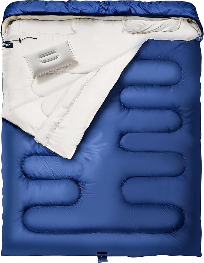 Double Sleeping Bag with Pillow for Adults - Queen Size Two Person Sleeping Bag - 3 Season Cold Weather Camping Sleeping Bag