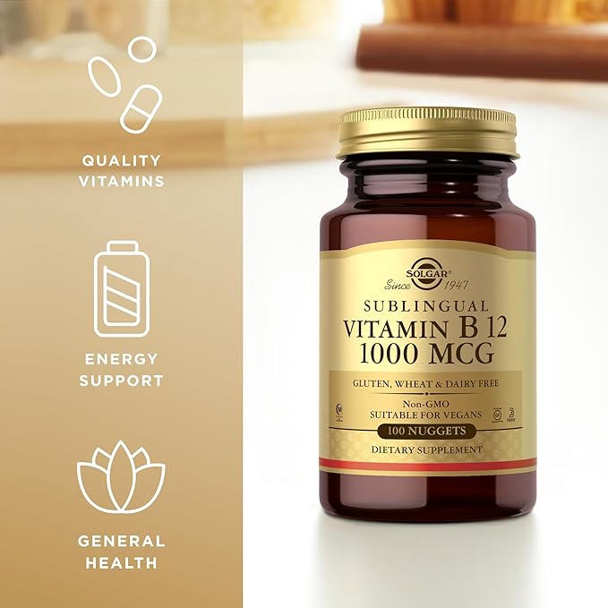 SOLGAR Sublingual Vitamin B12 1000 mcg - 100 Nuggets - Non-GMO, Vegan, Gluten Free, Dairy Free, Kosher, Halal - 100 Servings