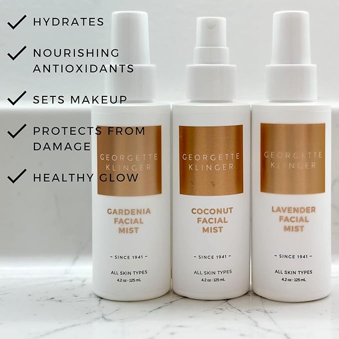Georgette Klinger Facial Mist Trio - Face Spray Gift Set: Makeup Setting, Pillow, & Dewy Glow Hydration Kit With Nourishing Coconut, Soothing Lavender, and Invigorating Gardenia - 4.2 oz Each