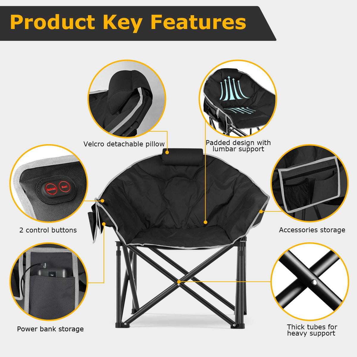 ZENPETIO Heated Camping Chair, Oversized Heated Chair for Adults Outdoor Sports, Dual Heating Zones with 3 Levels, Portable Folding Heated Chairs for Camp, Sports, Lawn with 20000mAh Battery