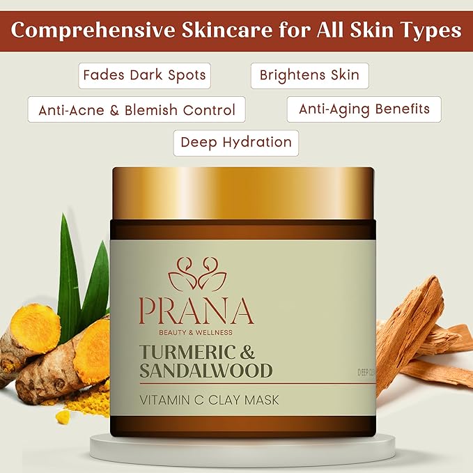 PRANA Sandalwood & Turmeric Face Mask - Natural Cleansing Facial Mask with Ayurvedic Ingredients - Bentonite & Kaolin Clay Mask - Brightening, Hydrating, Anti-Aging - Vegan & Cruelty-Free Mask (110ml)