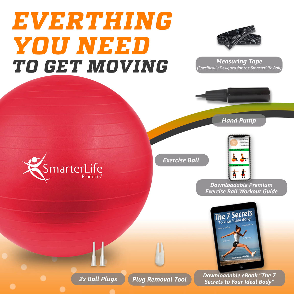 SmarterLife Exercise Ball Yoga Ball for Fitness, Balance, Stability, or Pregnancy, Gym Ball for Core Workout, Physical Therapy, Yoga Ball Chair for Office, Anti-Slip Anti-Burst (65 cm, Red)