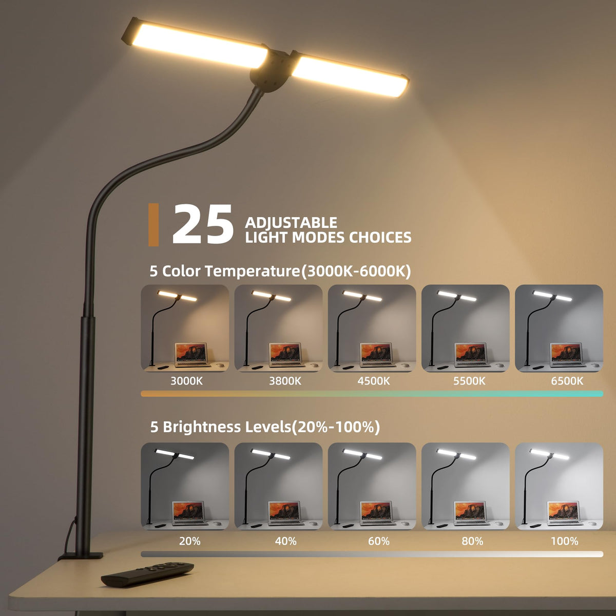 Led Desk Lamp for Home Office, Eye-Care Architect Light with Clamp, Smart Double Head Computer Monitor Table Clip Lamp, Adjustable Flexible Gooseneck, 25 Lighting Models, Task Lamp, Black
