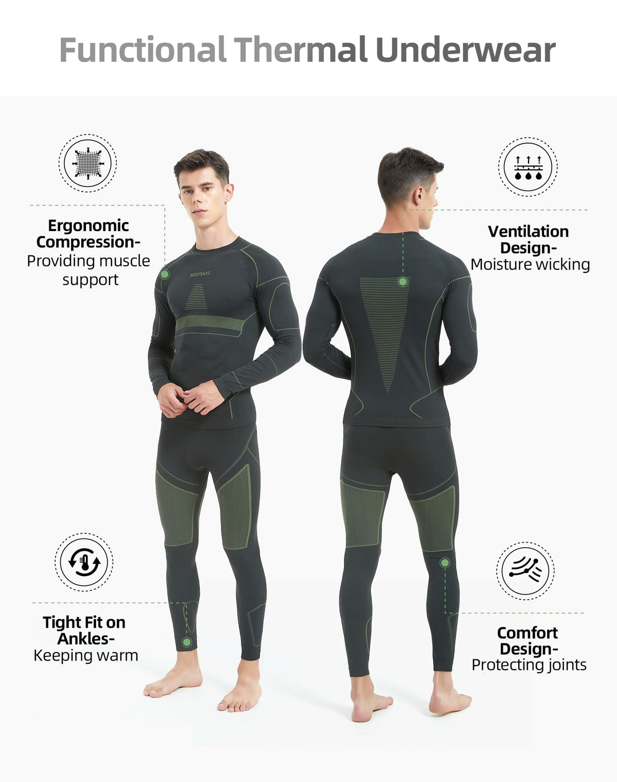 NOOYME Men's Thermal Underwear Long Johns, Black, Small