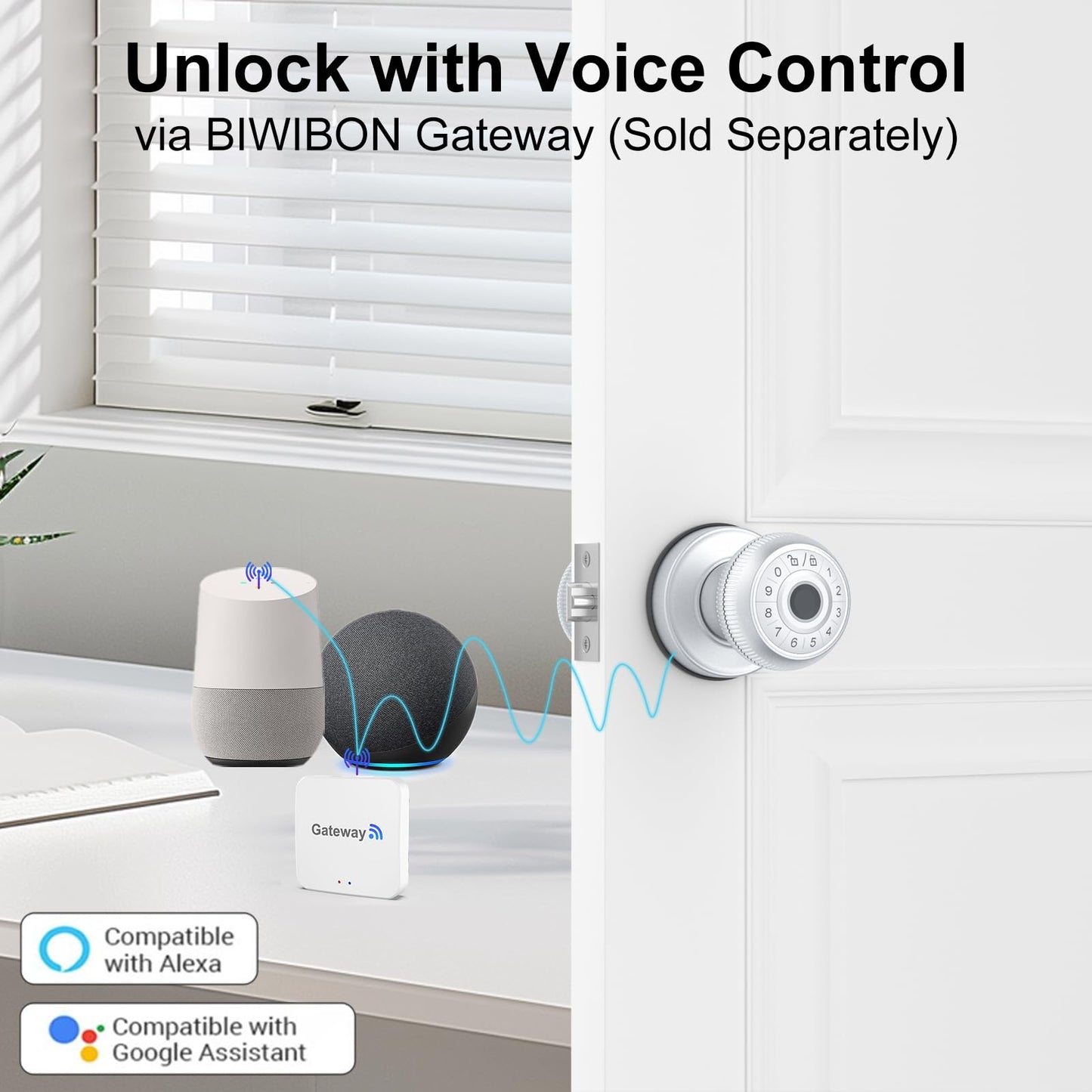 BIWIBON 4-in-1 Smart Door Knob, Fingerprint Door Knob with App Control, Smart Fingerprint Door Lock with Keypad, Real Privacy Mode, Auto Lock, Ideal for Home, Bedroom, Garages &Office, Silver,1 Pack