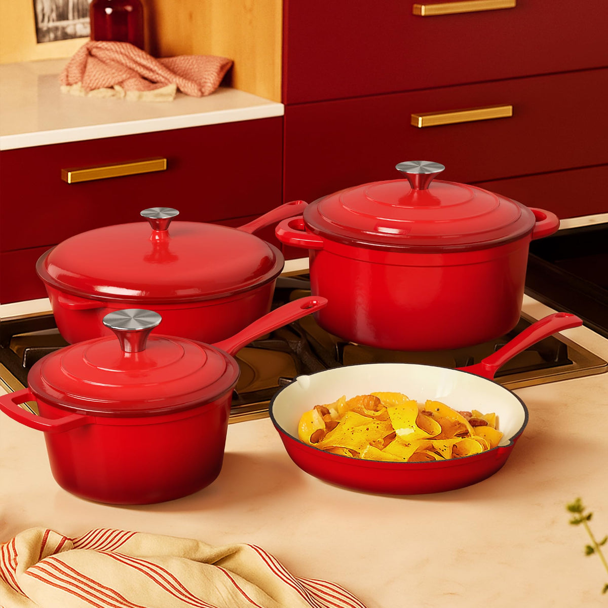 Kitchen Academy Enameled Cast Iron Cookware Set - 7 Piece Ceramic Pots and Pans Set Non Stick, Nonstick Cooking Pans Set, Induction Cookware Sets, Heavy Duty Dutch Oven Safe up to 500° F