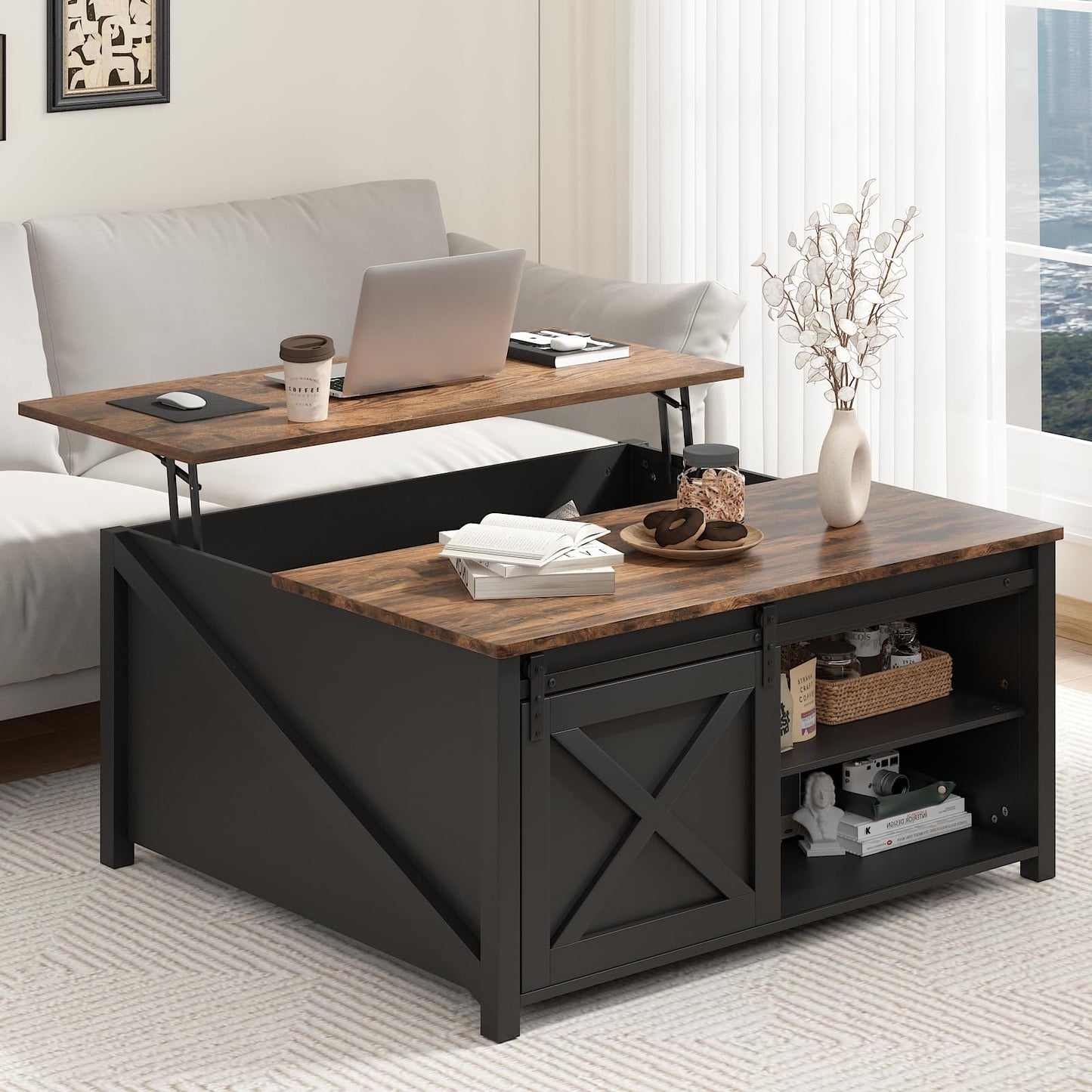 PUKAMI Lift Top Coffee Table with Storage, 31.5" Farmhouse Coffee Table for Living Room, Square Coffee Tables with Large Hidden Storage and Sliding Barn Doors, Black
