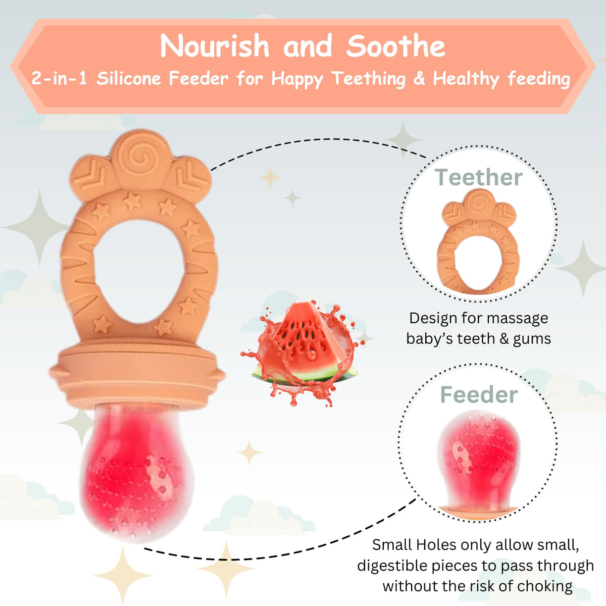 Minie Joo Baby Fruit Feeder Pacifier – 7-in-1 Silicone Teether Toy & Food Feeder with Spoon, Fork, and Interchangeable Heads – BPA-Free, Anti-Choke, Self-Feeding Set for Infants & Toddlers