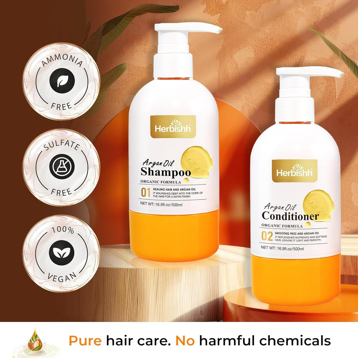Herbishh Argan Hair Mask (150ml) + Argan Oil Shampoo & Conditioner (16.9 fl.oz Each) Hair Care Set – Deep Cleansing & Hydration, Ideal for Repairing Dry, Frizzy & Colored Hair – Sulfate & Paraben Free