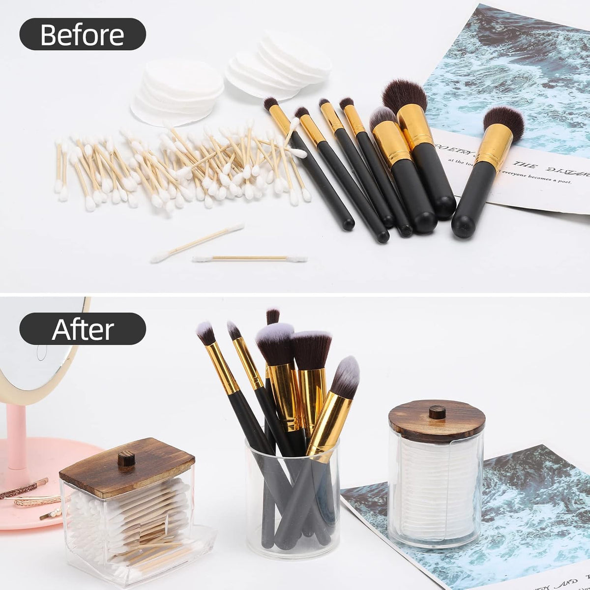 Tbestmax Bathroom Organizer Accessories Set-10 OZ,7 OZ Qtips Holder Storage with Wood Lids, Cotton Ball/Swabs Dispenser, Apothecary Container Jar 3 Pcs