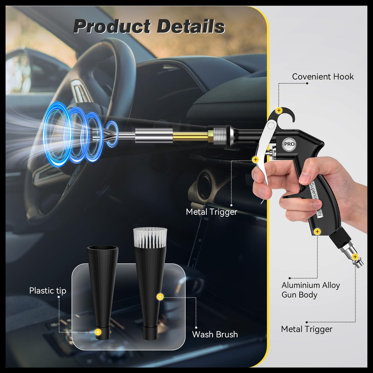 funomo Detailing Car Cleaning Gun - High Pressure Blower Gun with Nozzle, Dryer Air Blow Gun Interior Car Detailing Tools for Quickly Removes Dirt Dust & Dry Surfaces