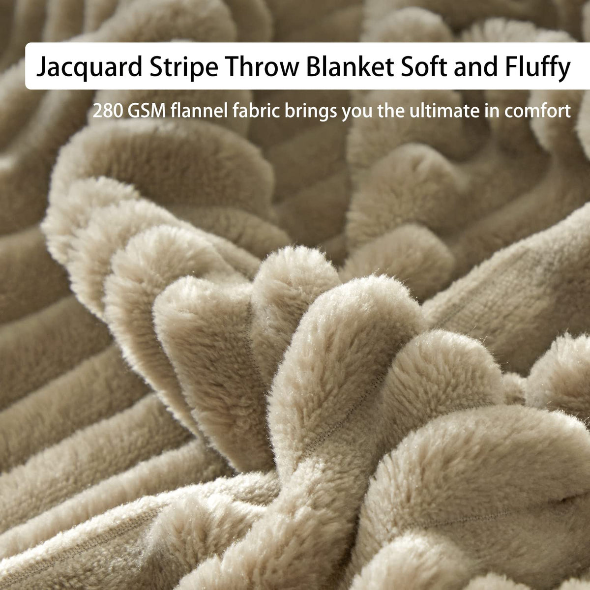 Geniospin Fleece Blanket Queen Size – 280GSM Super Soft Lightweight Bed Blanket with Strip, 3D Ribbed Jacquard, Plush Fuzzy Cozy Microfiber, Warm and Breathable (Taupe, 90x90 inches)