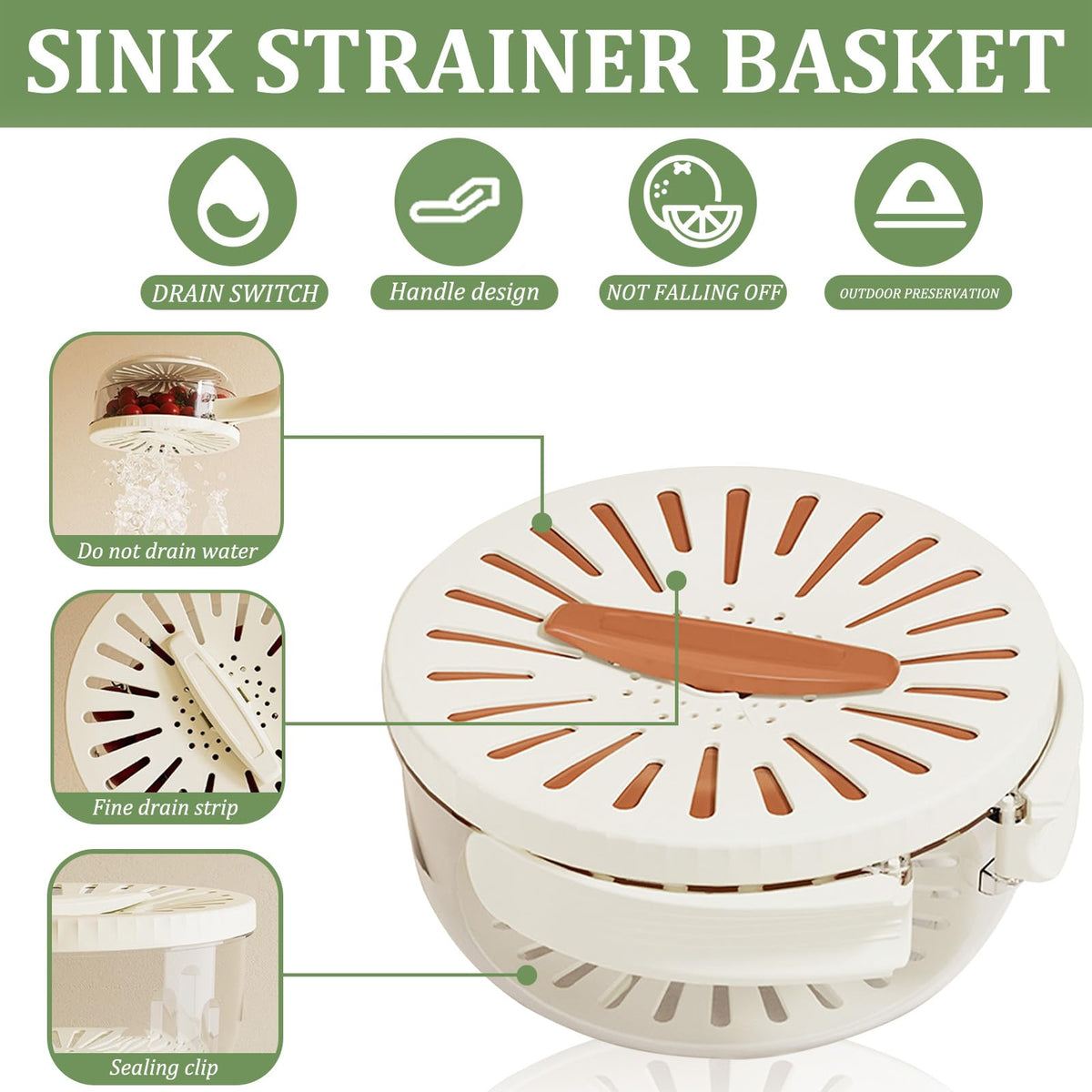 Large MultiPurpose Fruit Strainer Drain Basket with Lid & Collapsible Handle,2 in 1 Draining and Preservation Basket, Fruit Washing Bowl with Strainer for Fridge Freshness and Outdoor Picnics(Brown)