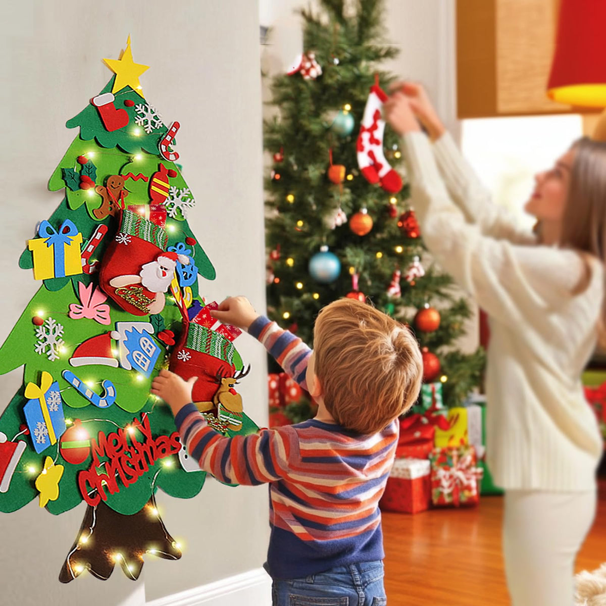BABORUI Felt Christmas Tree for Kids with Christmas Stockings, Xmas Wall Hanging Ornaments Decorations with String Light for Toddlers, for Kids